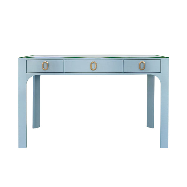 Worlds Away - Curved Front Desk With Three Drawers In Light Blue Textured Linen With Satin Brass Ring Hardware And Glass Top - GLADYS LB - GreatFurnitureDeal