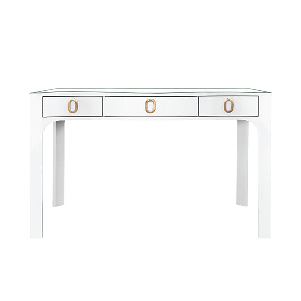 Worlds Away - Curved Front Desk With Three Drawers In White Textured Linen With Satin Brass Ring Hardware And Glass Top - GLADYS WH - GreatFurnitureDeal