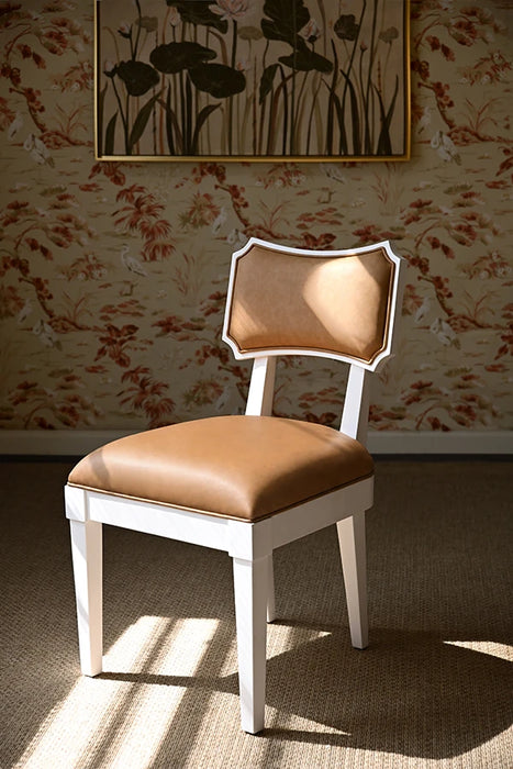 Worlds Away - Hayden Bow Back Dining Chair In Matte White Lacquer With Camel Faux Leather Upholstery - HAYDEN CML