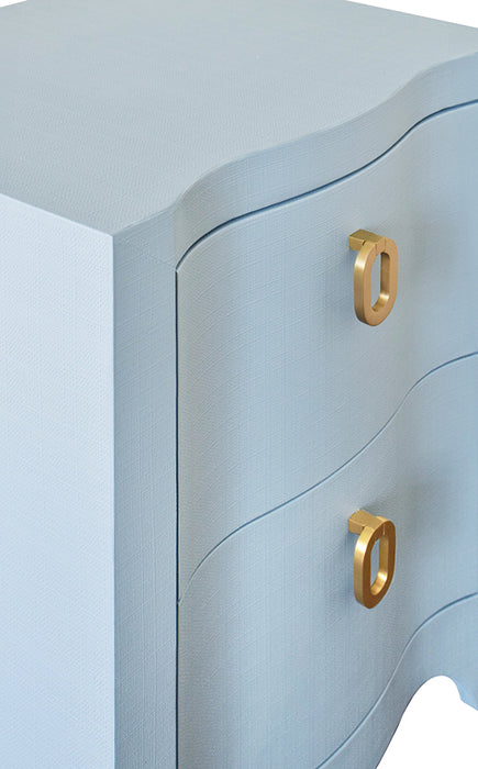 Worlds Away - Curved Front Side Table With Two Drawers In Light Blue Textured Linen With Satin Brass Ring Hardware - HELENA LB - GreatFurnitureDeal