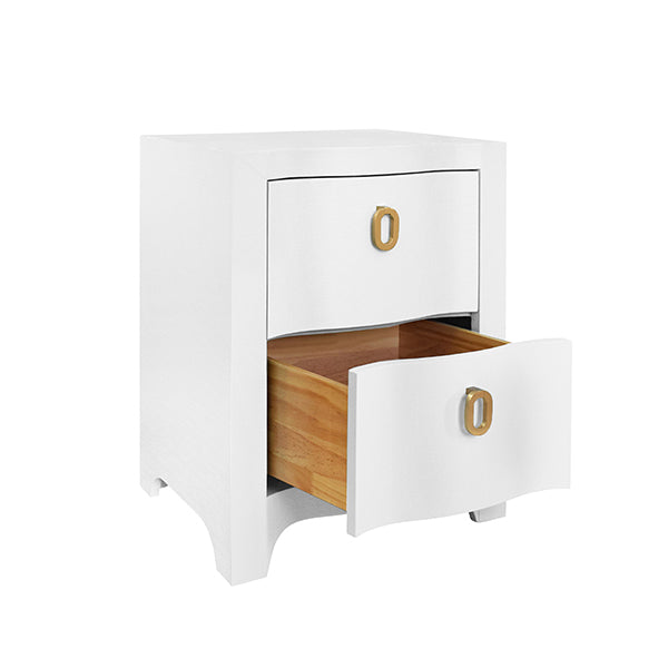 Worlds Away - Curved Front Side Table With Two Drawers In White Textured Linen With Satin Brass Ring Hardware - HELENA WH - GreatFurnitureDeal