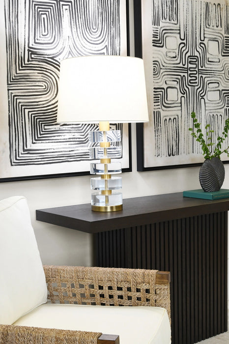 Worlds Away - Cybill Acrylic And Brushed Brass Stack Lamp With White Linen Shade - CYBILL BBR