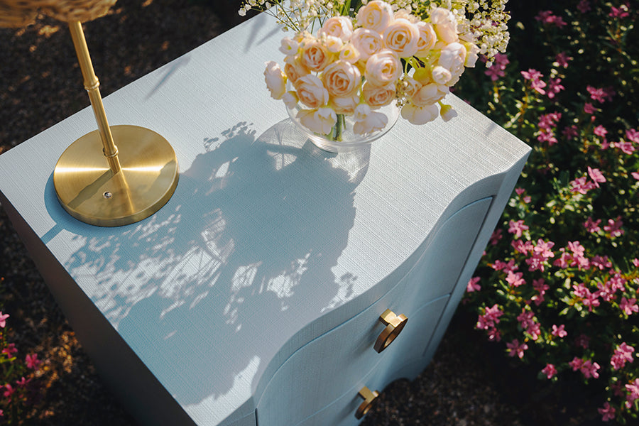 Worlds Away - Curved Front Side Table With Two Drawers In Light Blue Textured Linen With Satin Brass Ring Hardware - HELENA LB - GreatFurnitureDeal