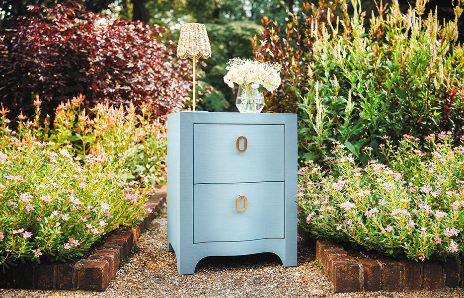 Worlds Away - Curved Front Side Table With Two Drawers In Light Blue Textured Linen With Satin Brass Ring Hardware - HELENA LB - GreatFurnitureDeal