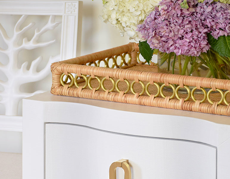 Worlds Away - Curved Front Side Table With Two Drawers In White Textured Linen With Satin Brass Ring Hardware - HELENA WH - GreatFurnitureDeal