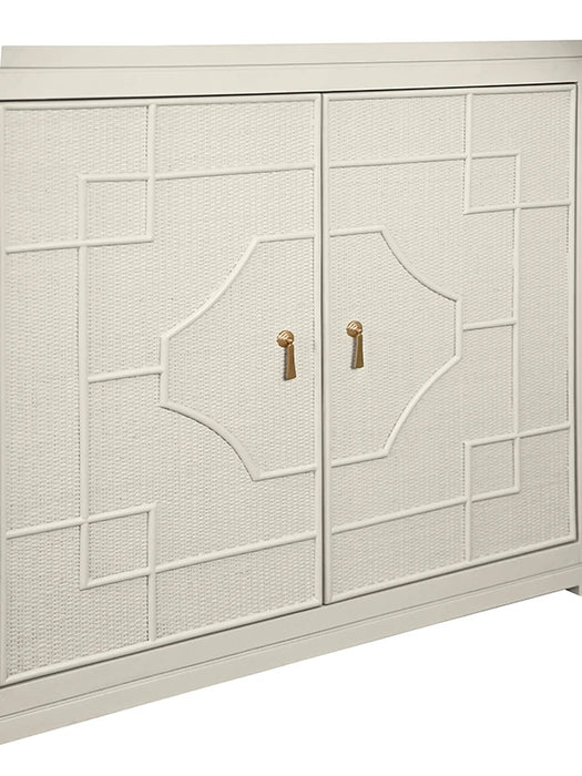Worlds Away - Isabel Two Door Decorative Rattan Overlay Cabinet With Curved Ends Painted In Antique White - ISABEL AW