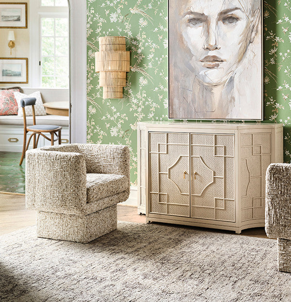 Worlds Away - Isabel Two Door Decorative Rattan Overlay Cabinet With Curved Ends Painted In Antique White - ISABEL AW