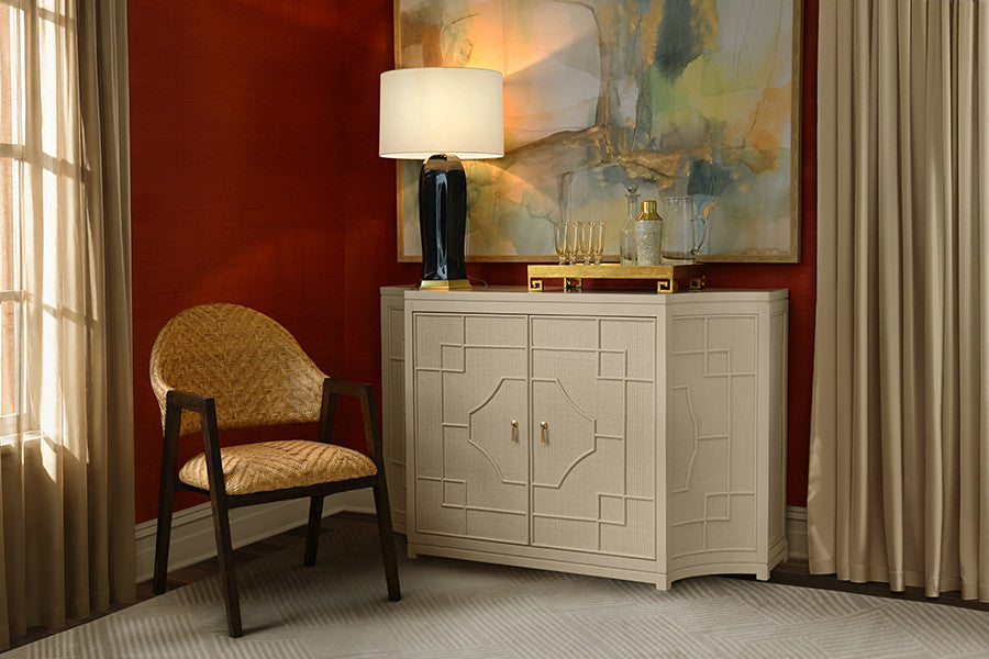 Worlds Away - Isabel Two Door Decorative Rattan Overlay Cabinet With Curved Ends Painted In Antique White - ISABEL AW