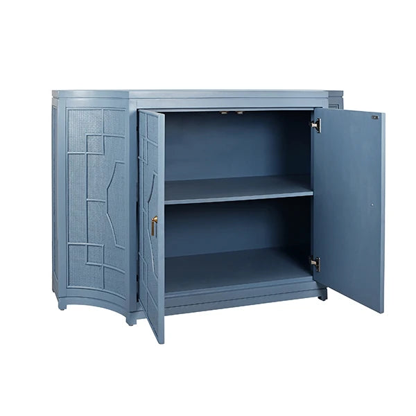 Worlds Away - Isabel Two Door Decorative Rattan Overlay Cabinet With Curved Ends Painted In Capri Blue - ISABEL CB