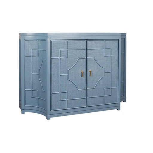Worlds Away - Isabel Two Door Decorative Rattan Overlay Cabinet With Curved Ends Painted In Capri Blue - ISABEL CB - GreatFurnitureDeal