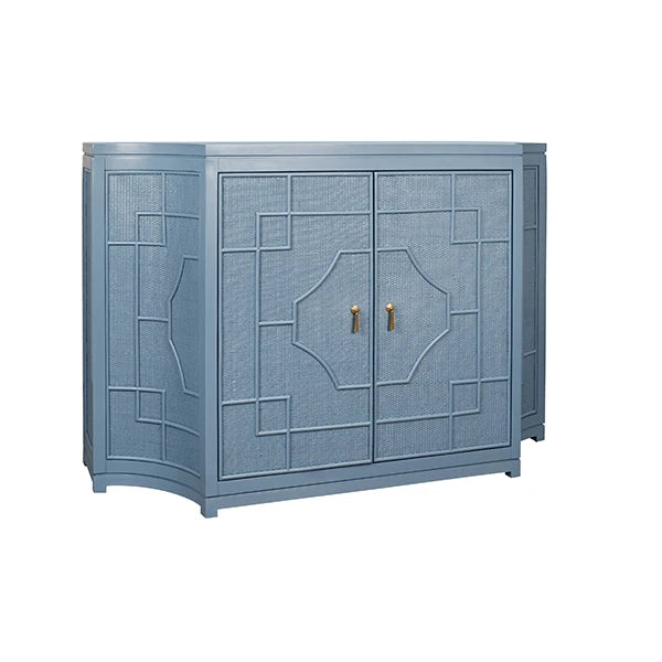Worlds Away - Isabel Two Door Decorative Rattan Overlay Cabinet With Curved Ends Painted In Capri Blue - ISABEL CB
