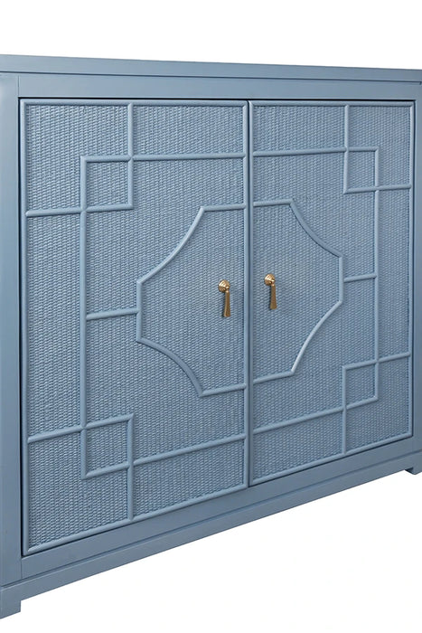 Worlds Away - Isabel Two Door Decorative Rattan Overlay Cabinet With Curved Ends Painted In Capri Blue - ISABEL CB
