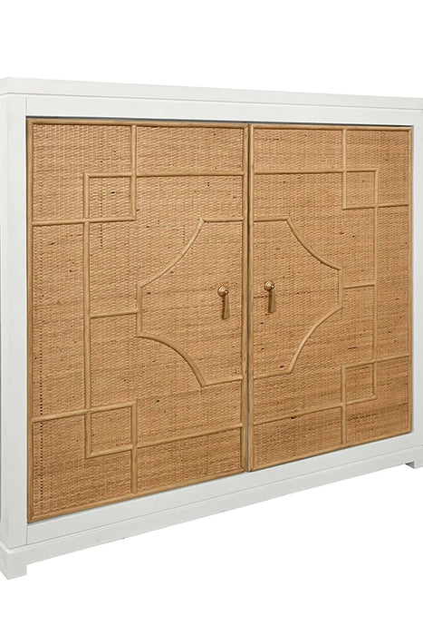 Worlds Away - Isabel Two Door Decorative Rattan Overlay Cabinet With Curved Ends And Painted Matte White Case - ISABEL WH
