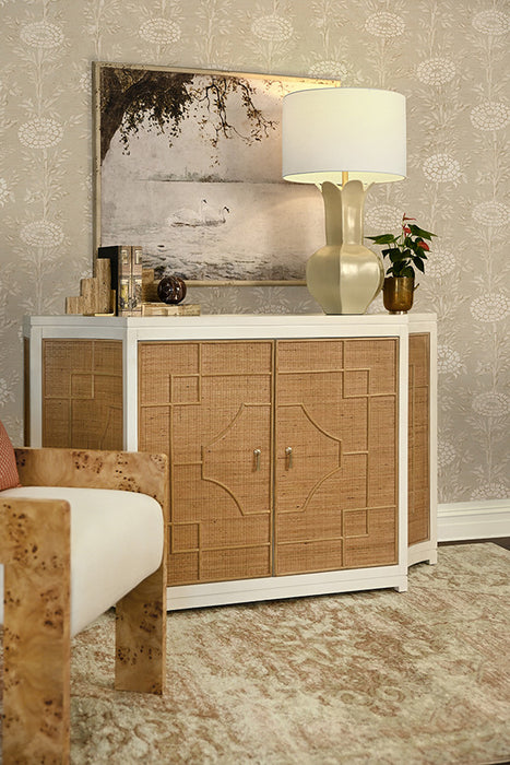 Worlds Away - Isabel Two Door Decorative Rattan Overlay Cabinet With Curved Ends And Painted Matte White Case - ISABEL WH