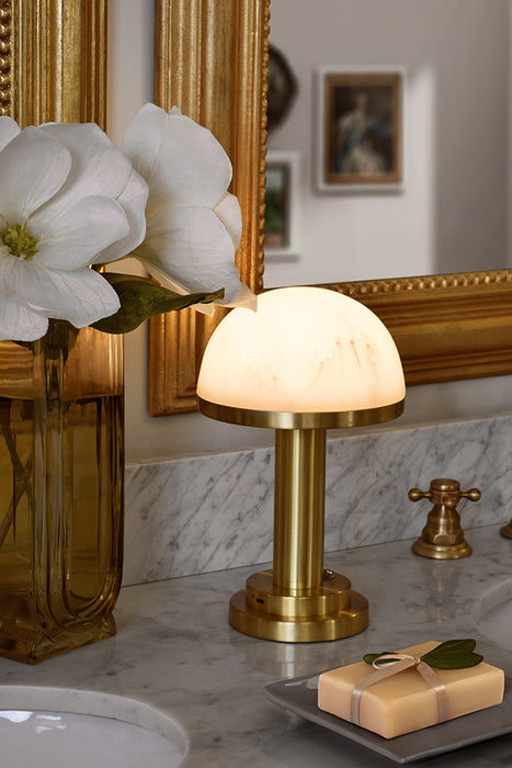 Worlds Away - Rechargeable Mini Table Lamp In Brass With Faux Alabaster Dome Shade - IKE - GreatFurnitureDeal