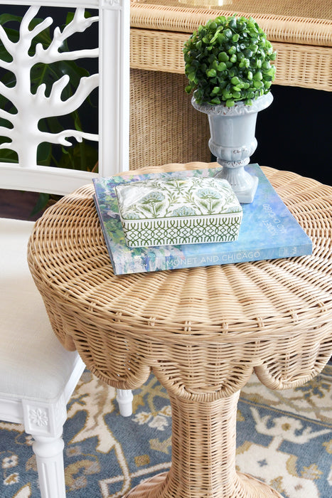 Worlds Away - One Drawer Round Side Table With Flared Scalloped Base In Rattan With Glass Top - INGRID - GreatFurnitureDeal