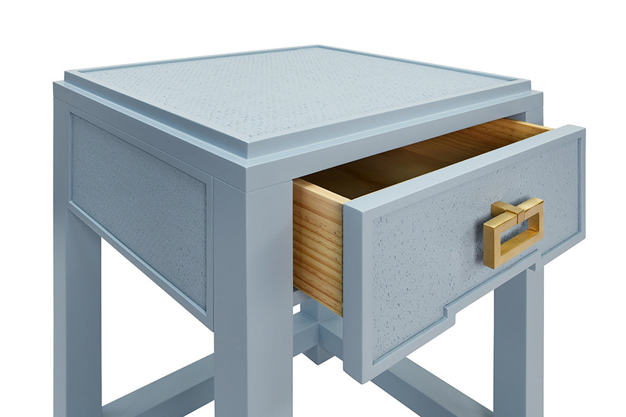 Worlds Away - Jean One Drawer Side Table With Matte Light Blue Frame and Light Blue Grasscloth - JEAN LB - GreatFurnitureDeal