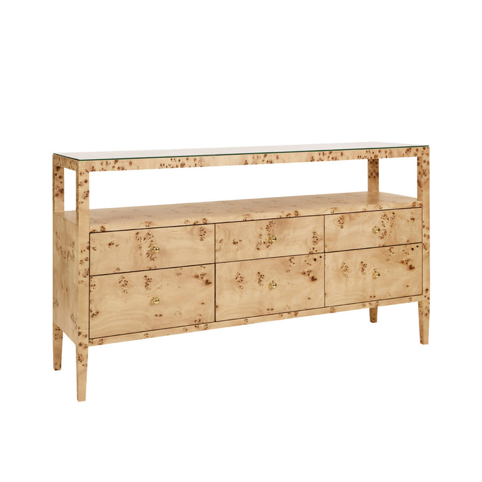 Worlds Away - Jordan Six Drawer Console With Open Shelf In Burl Wood With Polished Brass Knobs - JORDAN BW - GreatFurnitureDeal