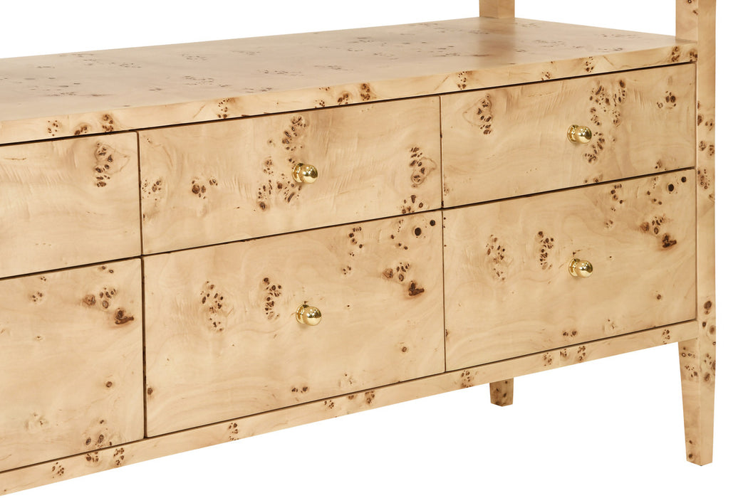 Worlds Away - Jordan Six Drawer Console With Open Shelf In Burl Wood With Polished Brass Knobs - JORDAN BW - GreatFurnitureDeal