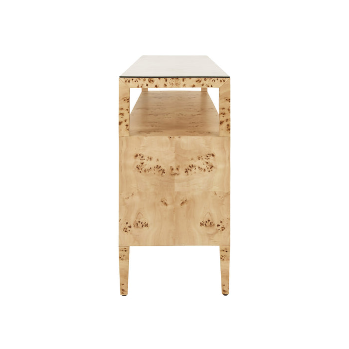 Worlds Away - Jordan Six Drawer Console With Open Shelf In Burl Wood With Polished Brass Knobs - JORDAN BW - GreatFurnitureDeal