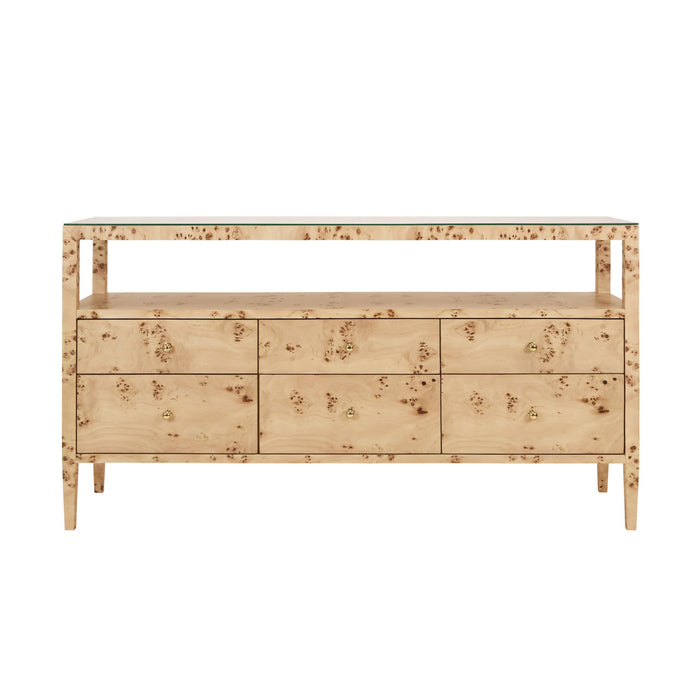 Worlds Away - Jordan Six Drawer Console With Open Shelf In Burl Wood With Polished Brass Knobs - JORDAN BW - GreatFurnitureDeal