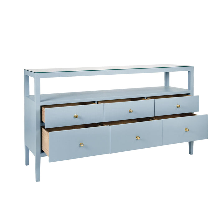 Worlds Away - Jordan Six Drawer Console With Open Shelf In Textured Light Blue Linen With Polished Brass Knobs - JORDAN LB