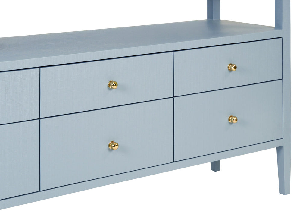Worlds Away - Jordan Six Drawer Console With Open Shelf In Textured Light Blue Linen With Polished Brass Knobs - JORDAN LB