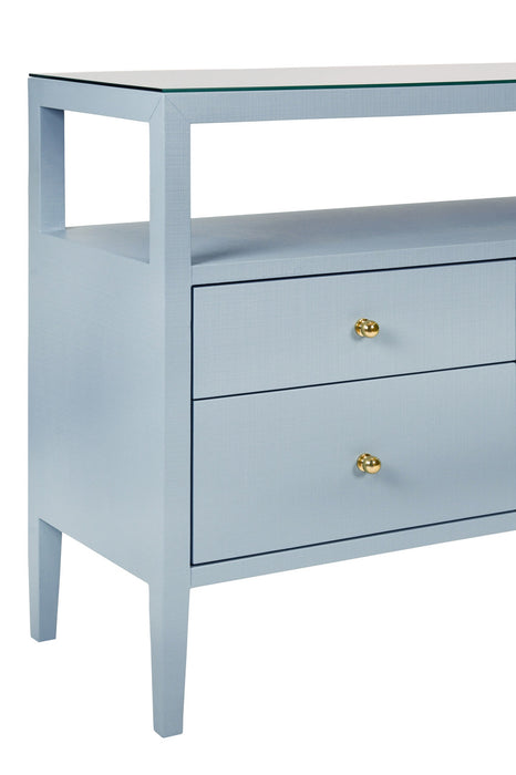 Worlds Away - Jordan Six Drawer Console With Open Shelf In Textured Light Blue Linen With Polished Brass Knobs - JORDAN LB