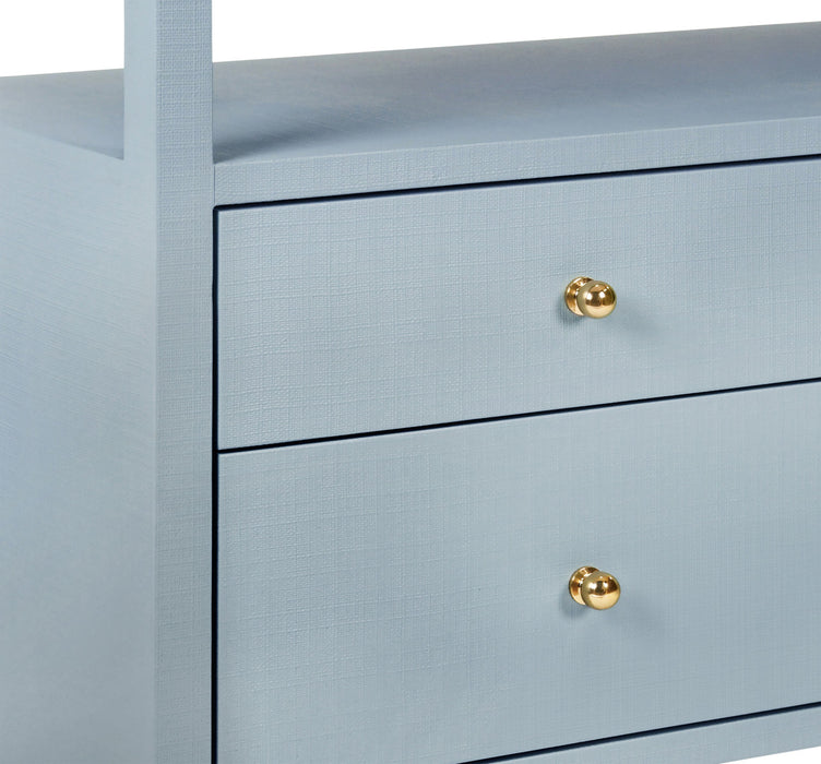 Worlds Away - Jordan Six Drawer Console With Open Shelf In Textured Light Blue Linen With Polished Brass Knobs - JORDAN LB