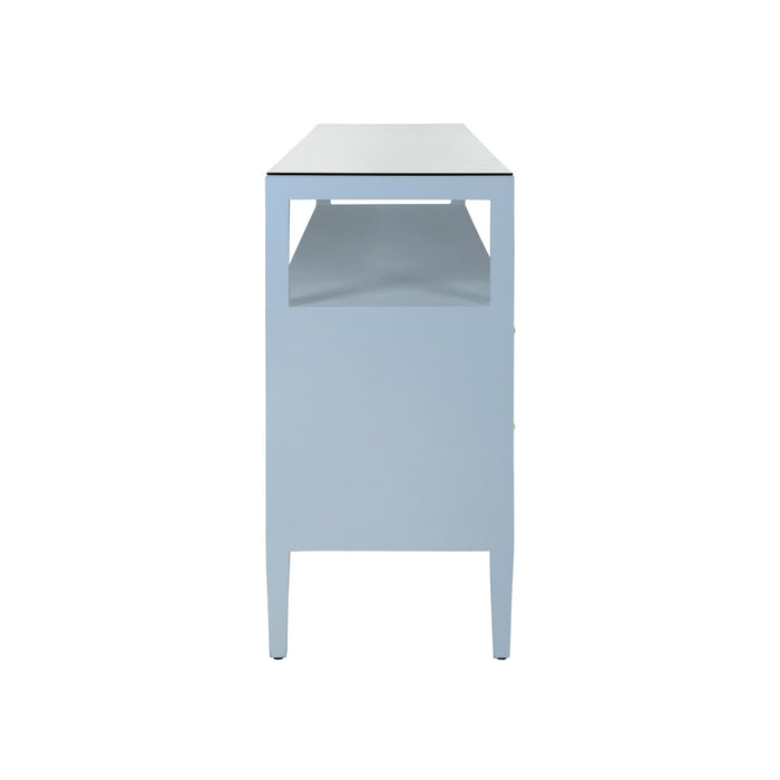 Worlds Away - Jordan Six Drawer Console With Open Shelf In Textured Light Blue Linen With Polished Brass Knobs - JORDAN LB