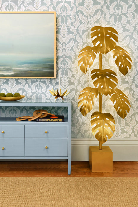 Worlds Away - Jordan Six Drawer Console With Open Shelf In Textured Light Blue Linen With Polished Brass Knobs - JORDAN LB