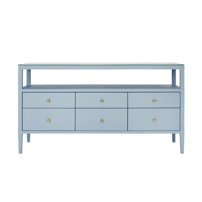 Worlds Away - Jordan Six Drawer Console With Open Shelf In Textured Light Blue Linen With Polished Brass Knobs - JORDAN LB