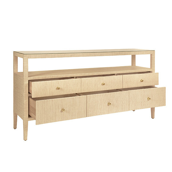 Worlds Away - Jordan Six Drawer Console With Open Shelf In Natural Grasscloth With Polished Brass Knobs - JORDAN NAT