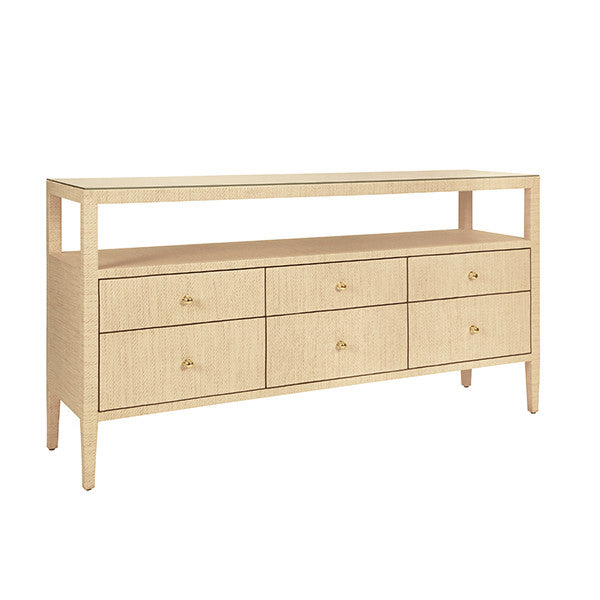 Worlds Away - Jordan Six Drawer Console With Open Shelf In Natural Grasscloth With Polished Brass Knobs - JORDAN NAT