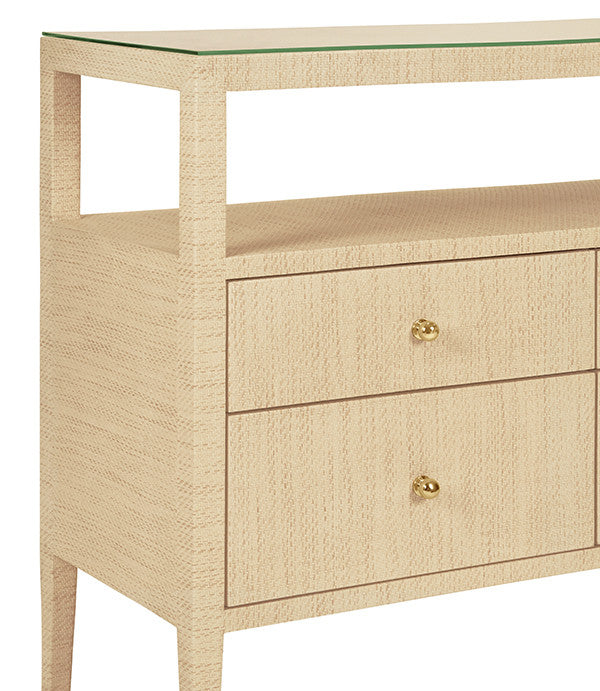 Worlds Away - Jordan Six Drawer Console With Open Shelf In Natural Grasscloth With Polished Brass Knobs - JORDAN NAT