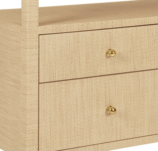 Worlds Away - Jordan Six Drawer Console With Open Shelf In Natural Grasscloth With Polished Brass Knobs - JORDAN NAT