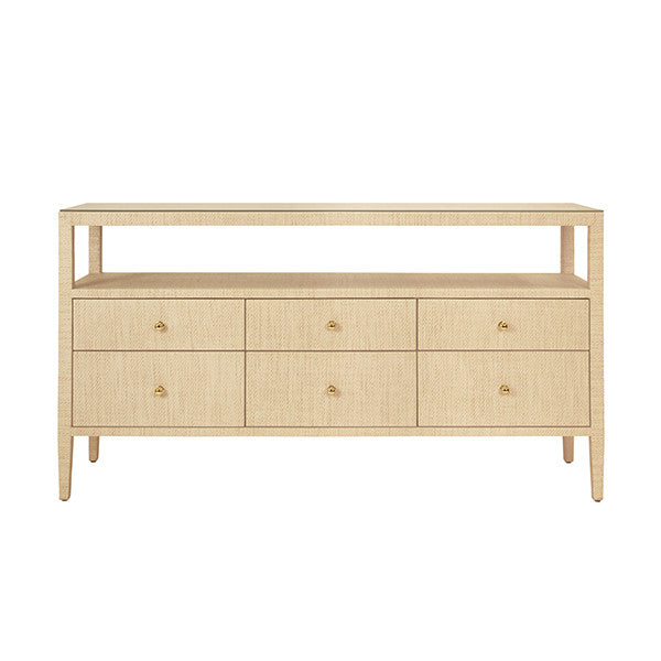 Worlds Away - Jordan Six Drawer Console With Open Shelf In Natural Grasscloth With Polished Brass Knobs - JORDAN NAT