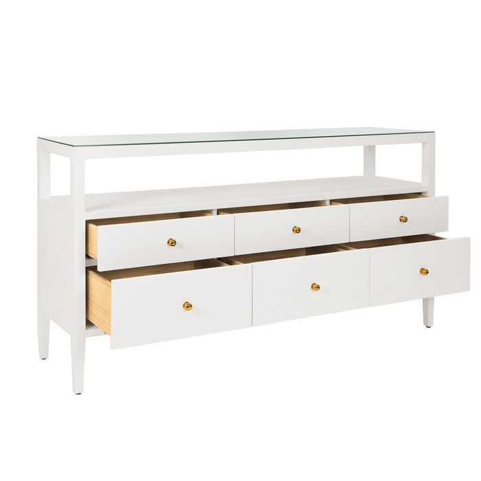 Worlds Away - Jordan Six Drawer Console With Open Shelf In Textured White Linen With Polished Brass Knobs - JORDAN WH