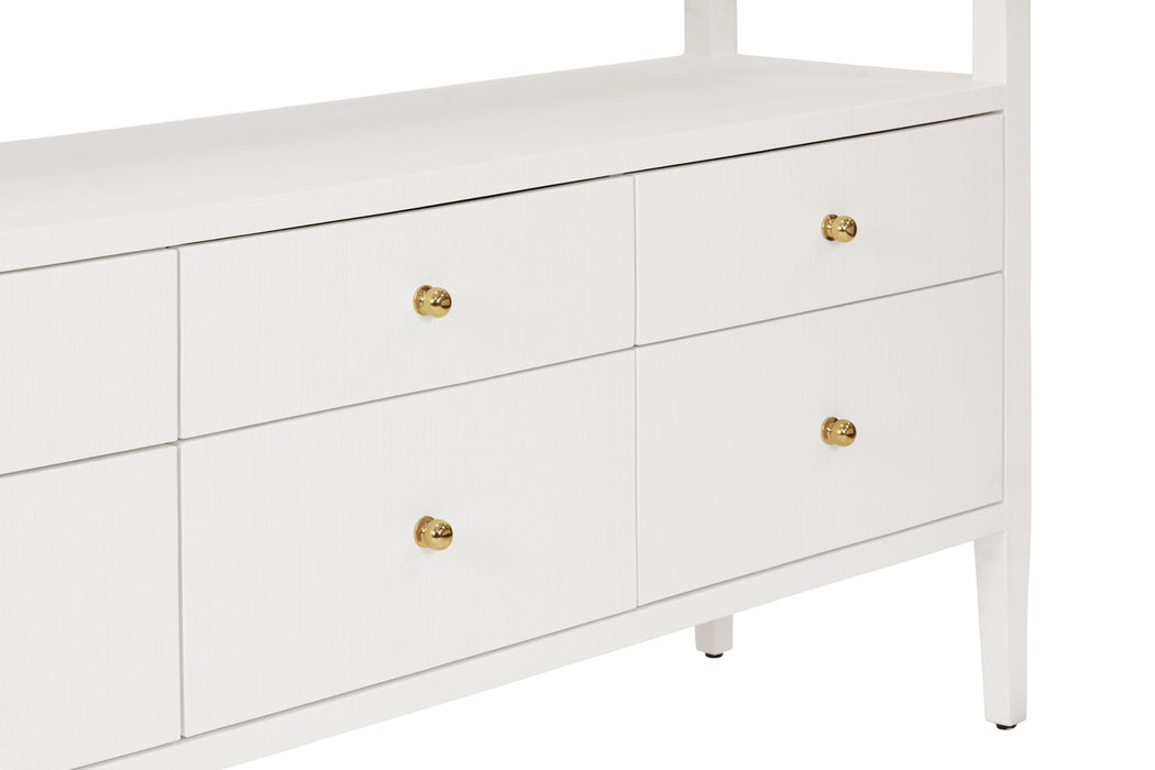 Worlds Away - Jordan Six Drawer Console With Open Shelf In Textured White Linen With Polished Brass Knobs - JORDAN WH