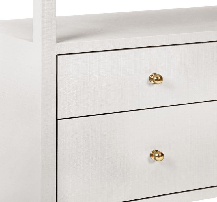 Worlds Away - Jordan Six Drawer Console With Open Shelf In Textured White Linen With Polished Brass Knobs - JORDAN WH
