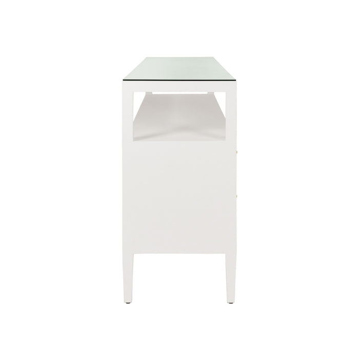 Worlds Away - Jordan Six Drawer Console With Open Shelf In Textured White Linen With Polished Brass Knobs - JORDAN WH