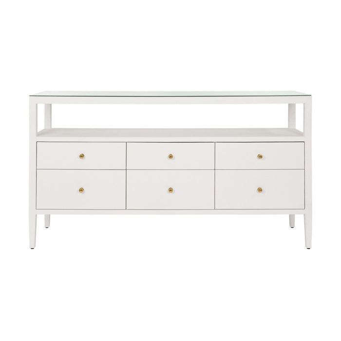 Worlds Away - Jordan Six Drawer Console With Open Shelf In Textured White Linen With Polished Brass Knobs - JORDAN WH