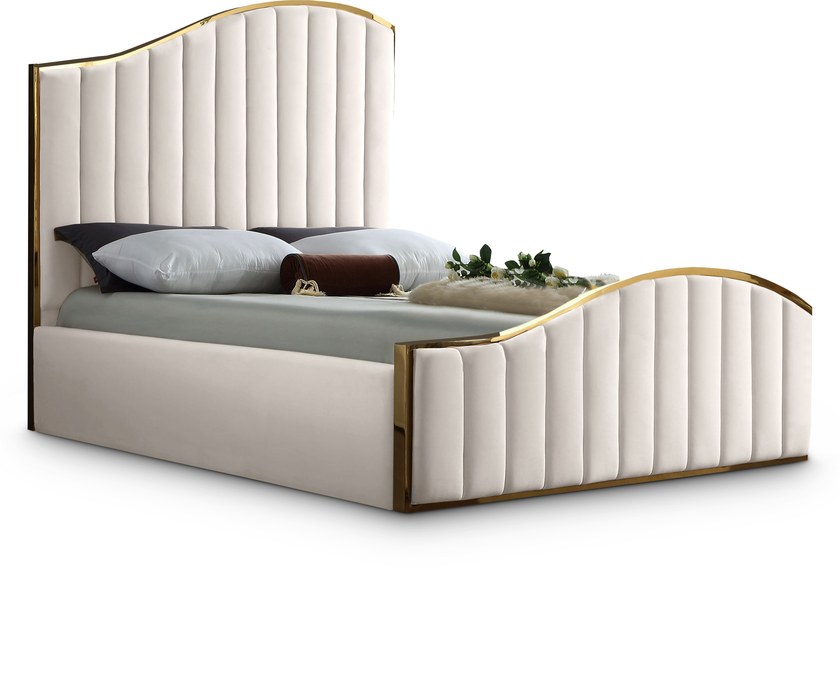 Meridian Furniture - Jolie Cream Velvet Upholstered Queen Bed (3 Boxes) - JolieCream-Q - GreatFurnitureDeal