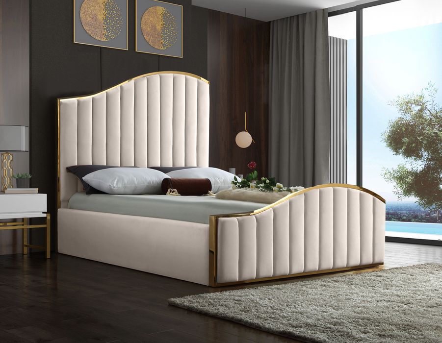 Meridian Furniture - Jolie Cream Velvet Upholstered Queen Bed (3 Boxes) - JolieCream-Q - GreatFurnitureDeal