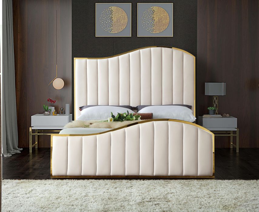 Meridian Furniture - Jolie Cream Velvet Upholstered Queen Bed (3 Boxes) - JolieCream-Q - GreatFurnitureDeal