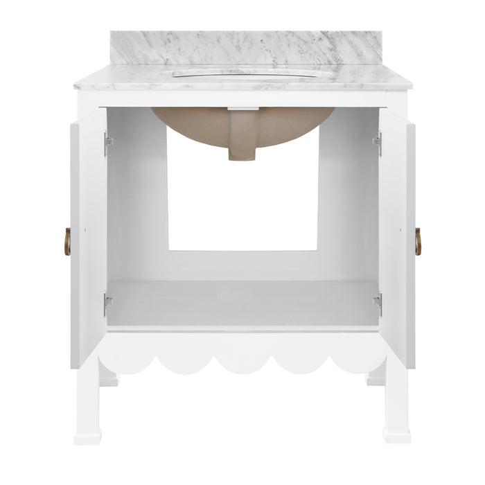 Worlds Away - Kealy Bath Vanity With Scallop Detail In Matte White Lacquer With White Marble Top And Porcelain Sink - KEALEY WH - GreatFurnitureDeal