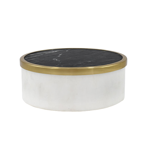 Worlds Away - White Marble Container With Black Marble Top With Brass Rim - KHALID - GreatFurnitureDeal