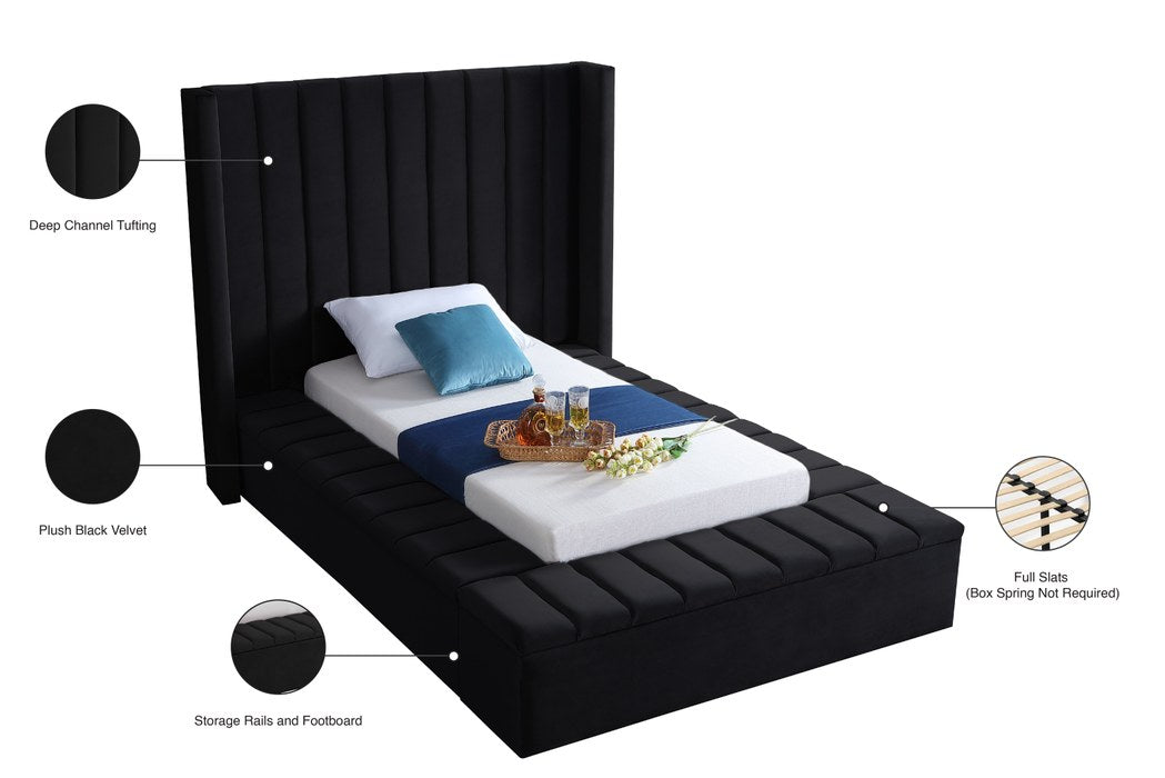 Meridian Furniture - Kiki Black Velvet Upholstered Twin Bed (3 Boxes) - KikiBlack-T - GreatFurnitureDeal