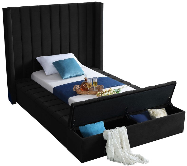 Meridian Furniture - Kiki Black Velvet Upholstered Twin Bed (3 Boxes) - KikiBlack-T - GreatFurnitureDeal