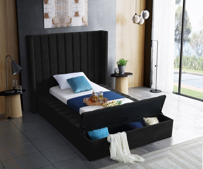 Meridian Furniture - Kiki Black Velvet Upholstered Twin Bed (3 Boxes) - KikiBlack-T - GreatFurnitureDeal